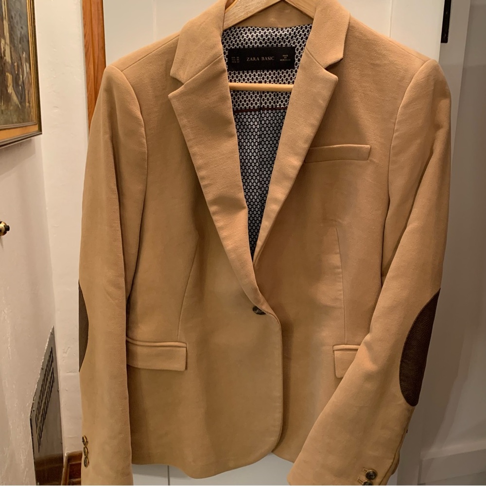 Zara Tan Blazer with Brown Elbow Patches